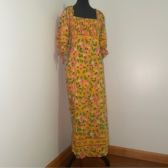Farm Rio- Yellow Orange Mini Cashew Short Sleeve Smocked Midi Dress Size Medium - Picture 2 of 15